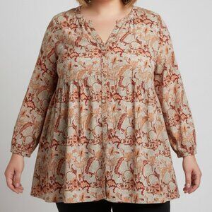 MELLODAY Autumn Floral Feather Button Down Blouse Red and Cream size large